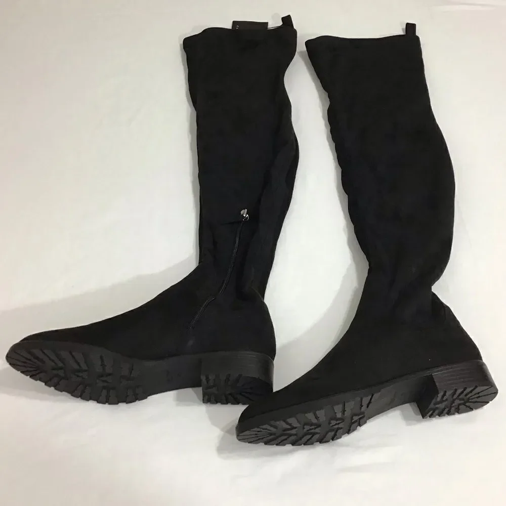 ZARA Black Faux Suede Fur Lined Low Heel Over The Knee Boot Size 40